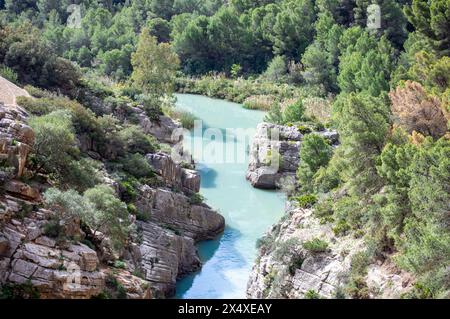 Caminito del Ray, der Pfad des Königs. Der Fußweg ist entlang der steilen Wände einer engen Schlucht in El Chorro, Malaga, Spanien Stockfoto