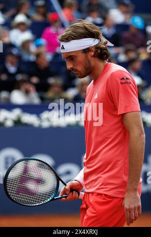 Barcelona, Spanien. April 2024. Tsitsipas in Aktion während des Barcelona Open Banc de Sabadell Tennis Turniers im Reial Club de Tennis Barcelo Stockfoto