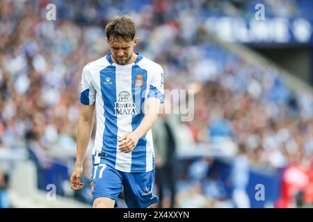 Barcelona, Spanien. Mai 2024. Jofre Carreras (17) von Espanyol, der während des Spiels der LaLiga 2 zwischen Espanyol und Sporting Gijon im Stage Front Stadium in Barcelona gesehen wurde. (Foto: Gonzales Photo/Alamy Live News Stockfoto