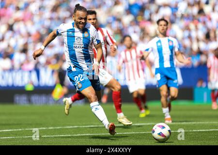 Barcelona, Spanien. Mai 2024. Martin Braithwaite (22) von Espanyol, der während des Spiels der LaLiga 2 zwischen Espanyol und Sporting Gijon im Stage Front Stadium in Barcelona gesehen wurde. (Foto: Gonzales Photo/Alamy Live News Stockfoto