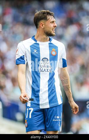 Barcelona, Spanien. Mai 2024. Jofre Carreras (17) von Espanyol, der während des Spiels der LaLiga 2 zwischen Espanyol und Sporting Gijon im Stage Front Stadium in Barcelona gesehen wurde. (Foto: Gonzales Photo/Alamy Live News Stockfoto