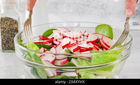 Frühlingssalat in einer Glasschale, dicht auf dem Küchentisch. Frischer Rettich, Romaine-Salat und Babyspinat mischen die Zutaten Stockfoto