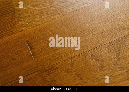 Kratzer auf einem Parkettboden, bei Verwendung mit Defekt, wodurch Textur und Muster betont werden. Bild des Konzepts „Destroyed House Flooring“ Stockfoto