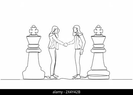 Durchgehende Linie, die zwei Geschäftsfrauen zieht, die sich die Hände schütteln, während sie zwischen den Schachfiguren des Königs stehen. Verhandlungsfähigkeit zum Umgang mit Compe Stock Vektor