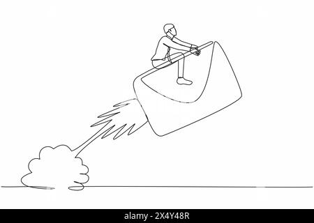 Durchgehende einzeilige Zeichnung Geschäftsmann reitet Papierumschlag-Rakete, die am Himmel fliegt. Projekt starten. Soziale Medien, Nachrichten, E-Mail, Web-Entwicklung Stock Vektor