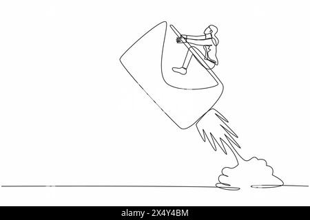 Eine einzeilige Geschäftsfrau, die Papierumschlag-Rakete reitet, die in den Himmel fliegt. Social-Media-Geschäftsprojekt. Entwicklungsprogramm für digitale Nachrichten. Stock Vektor