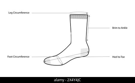 Diagramme der Herren-Sockenmaße mit Textnamen. Strumpfwaren Mode Accessoire Kleidung technische Illustration Strumpf. Vektorfront, Seitenansichtstyp, CAD-Modellskizze für flache Vorlagen isoliert Stock Vektor