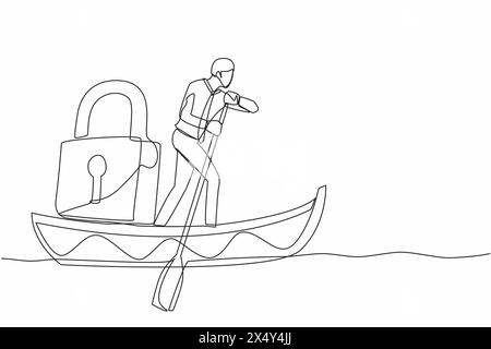 Ein einzeiliger Geschäftsmann, der im Boot steht und mit Vorhängeschloss segelt. Schiffsschutz auf dem Meer vor Piraten. Sicherheit im Seeverkehr. Stock Vektor
