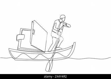 Durchgehend eine Linie zeichnet Geschäftsmann, der auf einem Boot mit Geldbörse davonsegelt. Büroangestellte mit Finanzproblemen aufgrund der Wirtschaftskrise. Fehlendes Papier m Stock Vektor