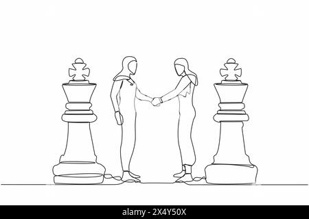 Eine durchgehende Linie, die zwei arabische Geschäftsfrauen zieht, die sich die Hände schütteln, während sie zwischen den Schachfiguren des Königs stehen. Collaboration-Strategie an Stock Vektor