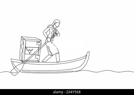 Durchgehend eine Linie zeichnende Geschäftsfrau, die auf dem Boot mit Safe davonsegelt. Unerwartete finanzielle Möglichkeiten, Kredite, Bankeinlagen schützen Stock Vektor