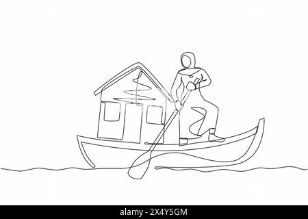 Eine einzige Linie zeichnet arabische Geschäftsfrau, die im Boot steht und mit dem Haus segelt. Abwicklung von Wohnungsdarlehen. Banken stellen Hypothekenzahlungen für Haushalte bereit. Stock Vektor
