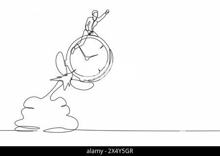 Ein einziger einzeiliger zeichnender Geschäftsmann, der Wecker-Rakete reitet, die in den Himmel fliegt. Zeitmanagement, schaffen Sie es, das Projekt mit Termintreue zu beenden, Produktivität Stock Vektor