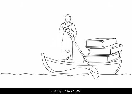 Eine durchgehende Linie zeichnet arabische Geschäftsfrau, die im Boot steht und mit Büchern segelt. Success Manager mit umfassendem Wissen. Studie und g Stock Vektor