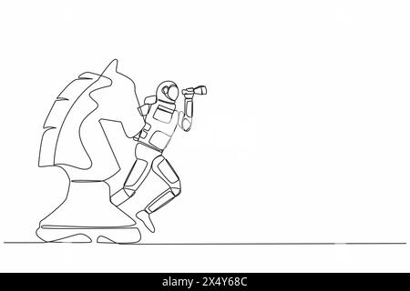 Durchgehende einzeilige Zeichnung eines Astronauten, der auf Pferdeschach steht, mit Teleskop, um galaktische Sicht zu sehen. Strategie in der Raumfahrtindustrie. Kosmonaut o Stock Vektor