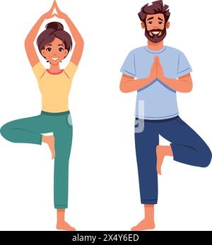 Junger Mann und Frau, die Yoga-Baum-Pose Vrikshasana machen. Fitnesskonzept. Illustration des flachen Vektors auf weiß Stock Vektor