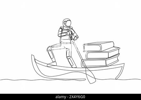 Durchgehende eine Linie, die Astronauten zieht, die auf einem Boot mit einem Stapel Bücher davonsegeln. Hochschulbildung und Lernen zum Kosmonauten. Kosmonaut außen sp Stock Vektor