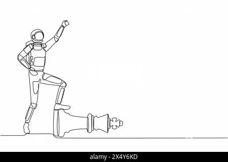 Durchgehende eine Linie, die Astronauten mit der Faust zusammenzieht und auf Schachkönig in der Mondoberfläche tritt. Symbol für den Sieg des Raumschiffs. Cosmonaut Outside Spa Stock Vektor