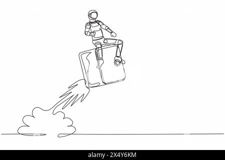 Eine durchgehende Linie, die jungen Astronauten zieht, der auf der Mondoberfläche fliegt. Geldschutz bei der Raumfahrtfirma. Kosmonaut Dee Stock Vektor