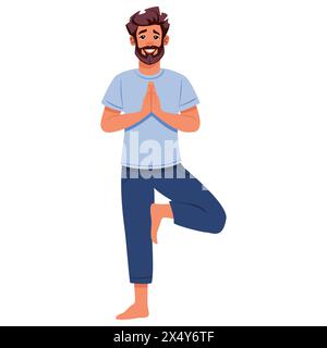 Junger Mann, der Yoga-Baum-Pose Vrikshasana macht. Fitnesskonzept. Illustration des flachen Vektors auf weiß Stock Vektor