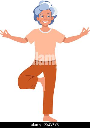 Junge Mädchen, die Yoga-Baum-Pose Vrikshasana. Fitnesskonzept. Illustration des flachen Vektors auf weiß Stock Vektor