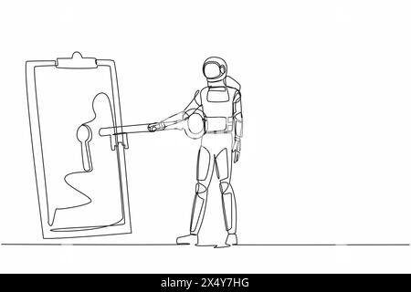 Eine einzige einzeilige Zeichnung des Astronauten, die einen großen Schlüssel in die Zwischenablage legt. Digitales Dokument oder Vertrag zum Schutz der Raumschiffsicherheit. Kosmischer Galaxienraum. Stock Vektor