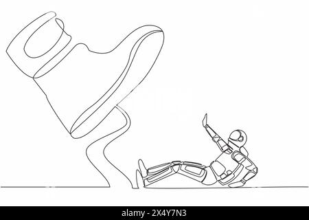 Einzelne durchgehende Linienzeichnung junger Astronauten unter Riesenfuß in der Mondoberfläche. Ein großer Boss-Fuß im Schuh wird die Wissenschaft zerschlagen. Kosmonaut-Tiefenraum Stock Vektor