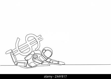 Kontinuierliche Einzeichenzeichnung junger Astronauten unter schwerer Dollarsymbolbelastung. Überlasteter Raumfahrer bei der galaktischen Erkundung. Kosmonaut-Weltraum. S Stock Vektor
