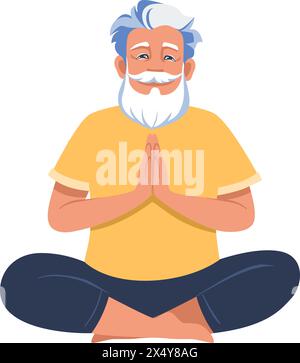 Alter Mann, der Yoga macht, Lotus Easy Pose Sukhasana. Fitnesskonzept. Illustration des flachen Vektors auf weiß Stock Vektor