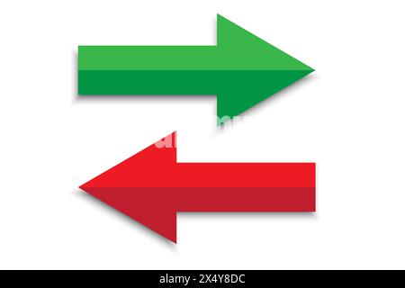 Grüner Pfeil nach rechts. Roter Pfeil nach links. Vektorsymbole. Stock Vektor