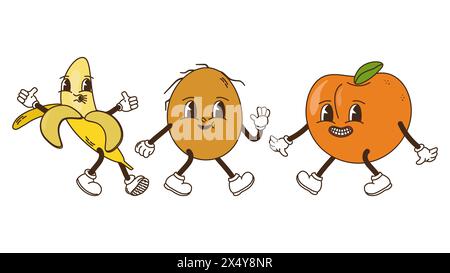Obst und Beeren im groovigen Stil. Banane, Kokosnuss und Orange. Charaktere trendiges Retro-Comic-Maskottchen. Bannerposter entwerfen. Y2K Hippie 70er, 80er Jahre Vektorabbildung. Stock Vektor