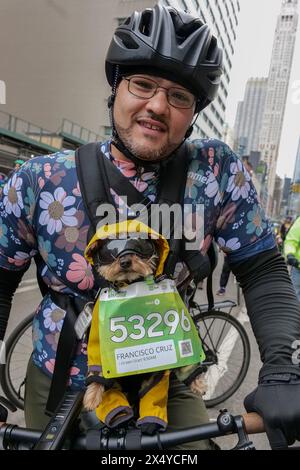 New York, New York, USA. Mai 2024. FRANCISCO CRUZ und sein Hund nehmen an der TD Five Boro Bike Tour Teil. Die Tour beginnt in Tribeca und endet in Staten Island. Sie führt Radfahrer durch New York City. Die 40 km lange Radtour führt durch alle 5 boros auf gesperrten Straßen mit 32.000 Teilnehmern aus der ganzen Welt. Die von Bike New York organisierte Wohltätigkeitsveranstaltung sammelt Mittel für New Yorks Bildungsprogramme. (Kreditbild: © Milo Hess/ZUMA Press Wire) NUR REDAKTIONELLE VERWENDUNG! Nicht für kommerzielle ZWECKE! Stockfoto