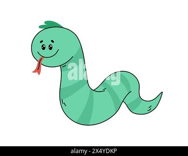 Schlange isolierte Vektor-Doodle-Illustration. Symbol für 2025 Jahre. Die süße grüne Schlange lächelt und zeigt die Zunge. Niedliche Kinderfigur Stock Vektor