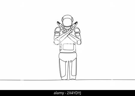 Einzelne durchgehende Linie, die jungen Astronauten mit überkreuzten Armen und X-Form zeichnet, Stoppschild mit Händen. Kosmonaut-Tiefenraumkonzept. Dyn Stock Vektor