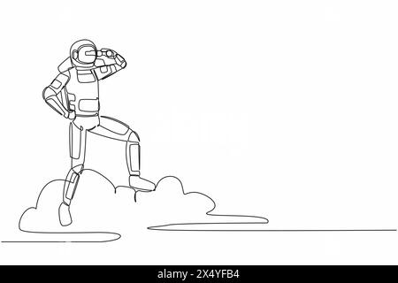Eine einzige Linie, die jungen Astronauten auf einer Wolke mit einem Fernglas zieht, um nach einer Projektion von Innovationen für Raumschiffe zu suchen. Kosmischer Galaxienraum. Kontin Stock Vektor