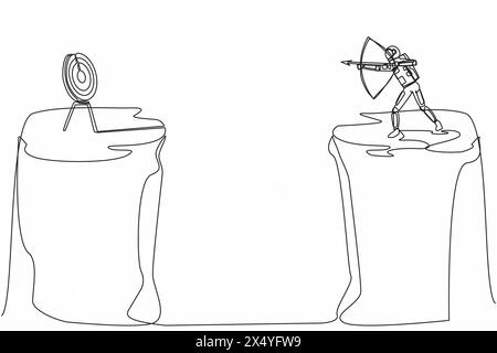 Durchgehende einzeilige Zeichnung des Astronauten, der auf einer Klippe steht, mit einem Bogenschützen in der Hand. Ziel der Weltraumforschung. Spaceman wurde zu erfolgreich gezwungen. Kosmonaut o Stock Vektor