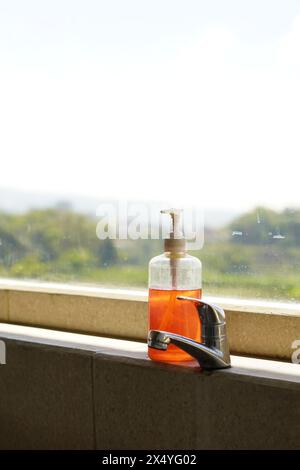 Ein Wasserhahn und eine Flasche Handwaschseife werden in das Waschbecken gestellt, wobei das Glas Sonnenlicht ausgesetzt ist und eine Aussicht im Hintergrund hat Stockfoto