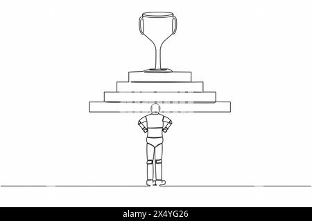 Roboter zum kontinuierlichen Zeichnen einer Linie, der vor der Treppe steht, mit Trophäenbecher oben. Weg zum Erfolg. Humanoider kybernetischer Organismus. Robotic DE Stock Vektor