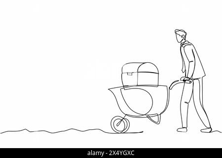 Einzelne durchgehende Linienzeichnung glücklicher Geschäftsmann, der den Wagen mit Schatzkiste schiebt. Schubkarre mit Gold, Schmuck, Schätzen. Wirtschaft und Finanzen. O Stock Vektor