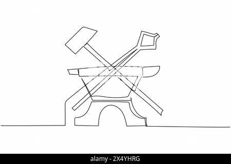 Durchgehende einzeilige Zeichnung Symbol für Schmiedewerkzeuge. Kreuzhammer, Zange, Amboss. Bastelkonzept und Metallbearbeitungskonzept für Embleme oder Etikettenvorlagen. Einfach Stock Vektor