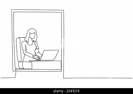Eine einzelne Linie zeichnet junge Frau, die von zu Hause aus in der Nähe eines Fensters mit Laptop arbeitet. Aktive Geschäftsfrau, die am Schreibtisch sitzt. Fernarbeit oder Heimbüro. Konti Stock Vektor