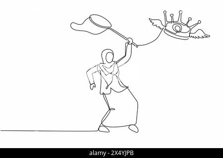 Eine einzelne durchgehende Linie zeichnet Schönheit Arabische Geschäftsfrau versucht, fliegende Krone mit Schmetterlingsnetz zu fangen. Er verliert den königlichen Titel eines arabischen Landes Stock Vektor