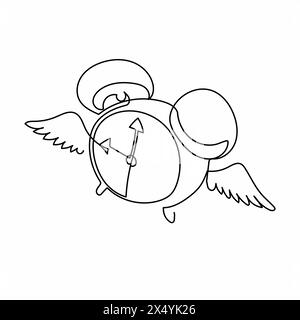Durchgehende einzeilige Zeichnung fliegende Wecker mit Flügeln. Wecker mit Flügel, der am Himmel fliegt. Die Zeit vergeht, alles scheint ein vergängliches Konzept zu sein. S Stock Vektor