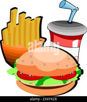 Fastfood-Symbol, Hamburger und Pommes frites. Vektorabbildung. Stock Vektor