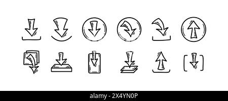 Download und Upload der Datei Doodle-Symbole. Schaltflächen der Benutzeroberfläche für handgezeichnete Skizzen. Cloud Data Server-Technologie. Pfeilsymbol für digitale Speicherung Stock Vektor