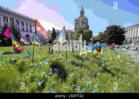 Kiew, Kiew-Stadt, Ukraine. Mai 2024. Ukrainische Flaggen für gefallene Soldaten und zivile Opfer der russischen Invasion in die Ukraine auf dem Unabhängigkeitsplatz Majdan Nesaleschnosti. Zitat: Diese Fahnen repräsentieren jeweils ein unschuldiges Leben, das von einem einzigen Verrückten Wladimir Putin gestohlen wurde. (Kreditbild: © Andreas Stroh/ZUMA Press Wire) NUR REDAKTIONELLE VERWENDUNG! Nicht für kommerzielle ZWECKE! Stockfoto