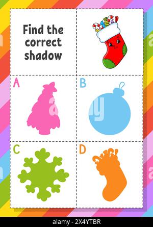 Suchen Sie den richtigen Schatten. Arbeitsblatt zur Entwicklung von Bildungsmaßnahmen für Kinder. Puzzlespiel. Aktivität". Zeichentrickfigur. Vektorabbildung. Stock Vektor