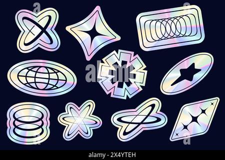 Y2K-Aufkleber mit Hologrammverlauf. Retro-Folienetiketten mit Regenbogensilberstruktur. 2000er Jahre Metallvektor realistische Stempel. Irisierende Elemente Stock Vektor
