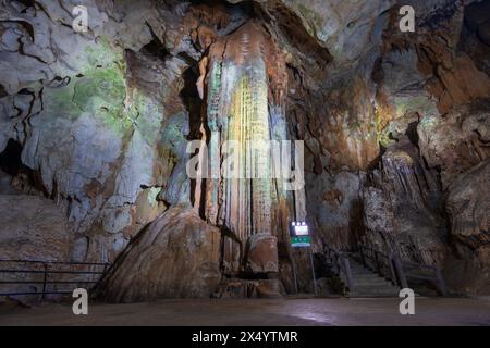 Stalaktit, genannt „Goldsäule“ in der Akiyoshido-Höhle. Akiyoshidai Quasi-Nationalpark. Stockfoto