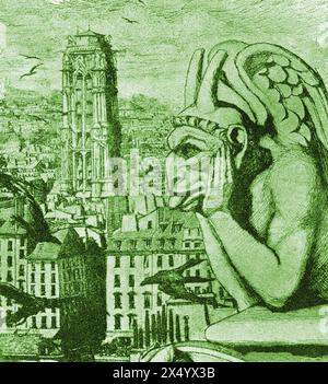 Ein alter Gravur, der Le Stryge, den Vampir, groteske Chimera-Figur (manchmal auch als Gargoyle, Teufel oder Dämon bezeichnet) in der Kathedrale Notre Dame in Paris, Frankreich zeigt. Geschaffen von Eugène Emmanuel Viollet-le-Duc, der für die Restaurierung der Kathedrale von 1843 bis 64 verantwortlich war. Der Hüter der Kathedrale wurde mit einem langweiligen Ausdruck geschnitzt. - Gravure ancienne représentant Le Stryge, le Vampire, Figur chimérique grotesque (parfois appelée gargouille, diable ou démon) sur la cathédrale Notre-Dame, Paris, Frankreich. Créée en 1843-64 par Eugène Emmanuel Viollet-le-Duc. Le cathédrale gardien Stockfoto